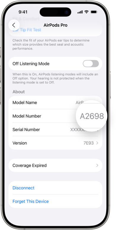 Modelnummer van AirPods in de Bluetooth-instellingen van een iPhone